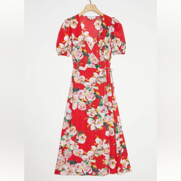 NWT Anthropologie x Alice Archer Rosalie Wrap Midi Dress 10 Red Motif Floral - Picture 1 of 16